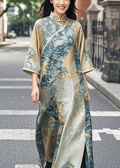Khaki Print Side Open Silk Oriental Dress Bracelet Sleeve Spring
