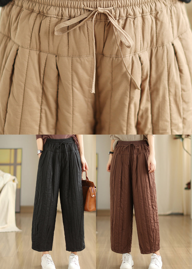 Coffee Cinched Pockets Patchwork Fine Cotton Filled Pants Winter