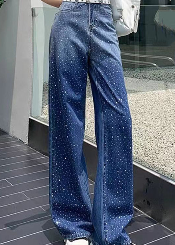 Blue Pockets Patchwork Zircon Straight Jeans