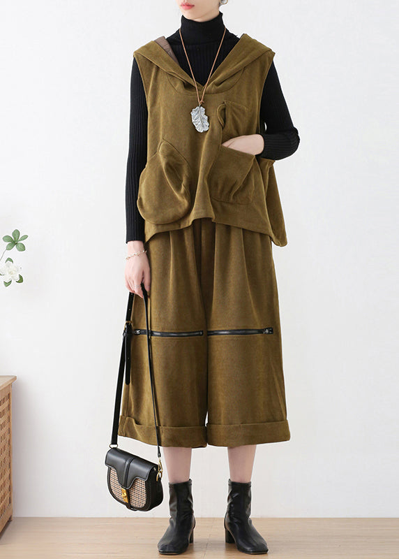 Mustard Green Velour Hooded Waistcoat and Crop Pants Two Pieces Set Fall