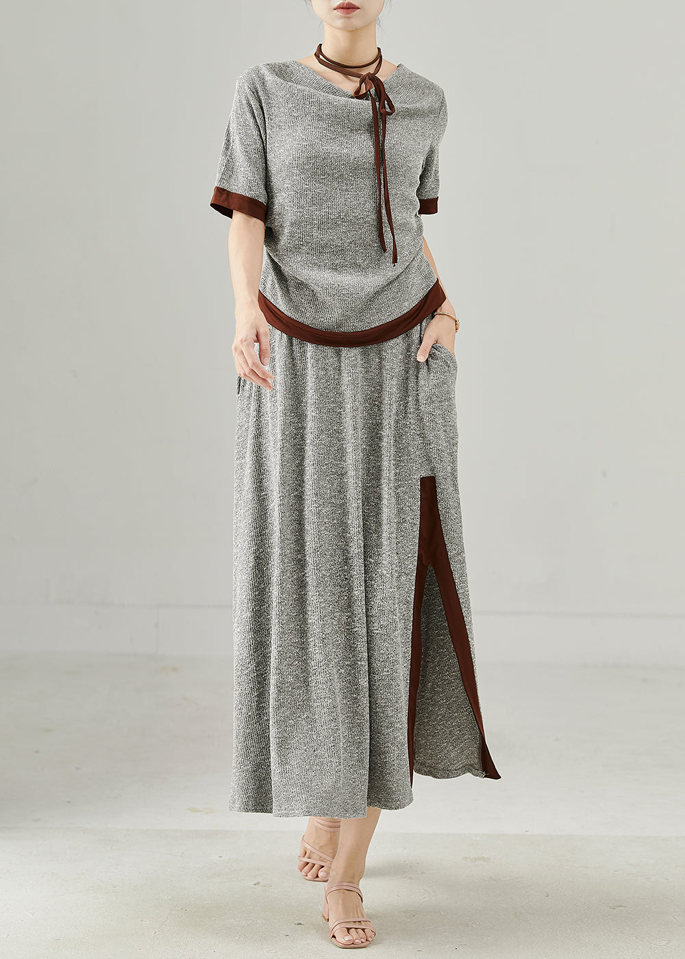 Natural Grey Patchwork Side Open Cotton Two Piece Set Clothing Summer
