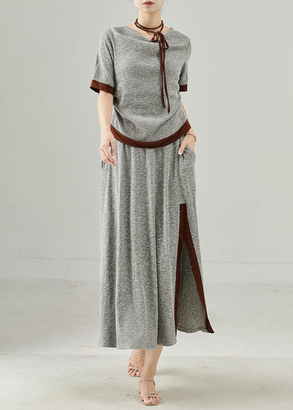Natural Grey Patchwork Side Open Cotton Two Piece Set Clothing Summer