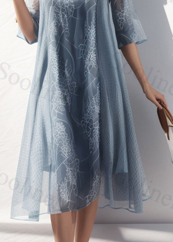 Light Blue O Neck Print Silk Dresses Summer