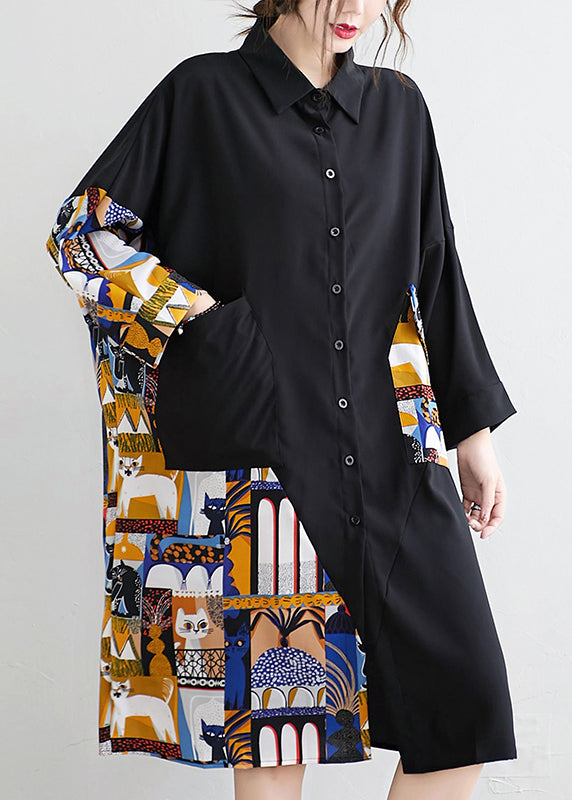 Black Button Print Patchwork Cotton Blouses Dress Fall