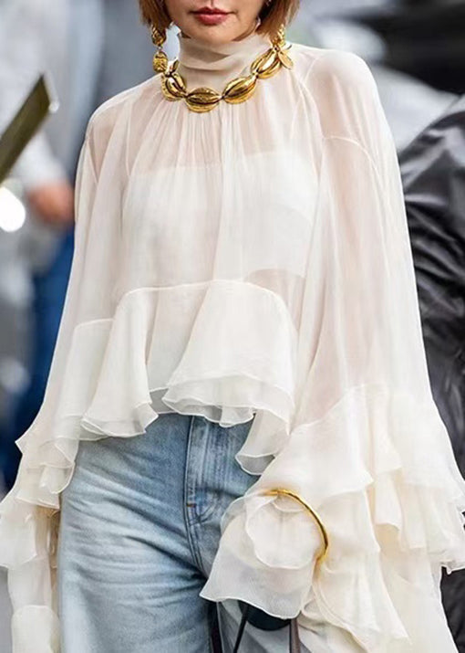 Beige Hign Neck Ruffled Patchwork Tulle Top Flare Sleeve