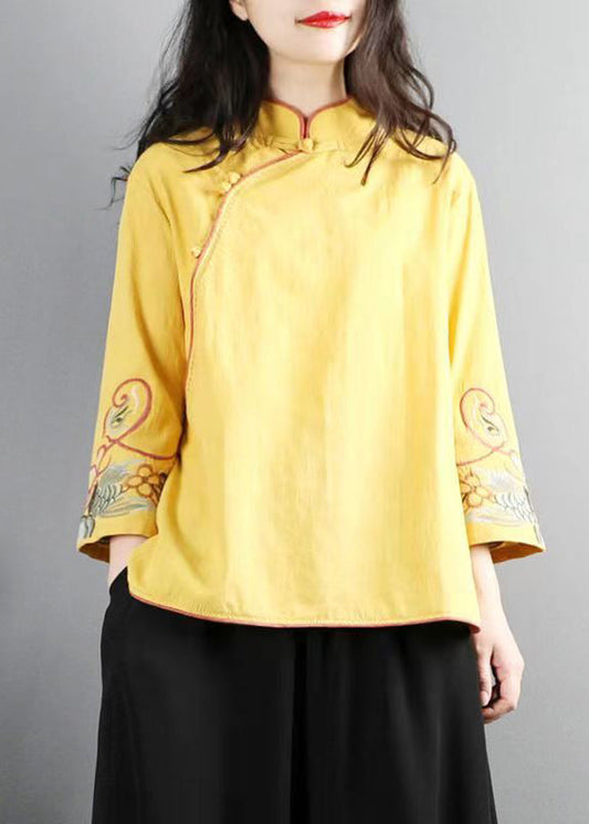 Yellow Embroideried Chinese Button Cotton Top Bracelet Sleeve