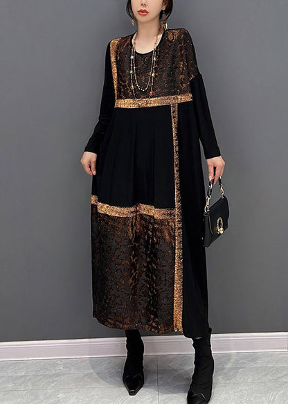 Black O-neck Print Patchwork Cotton Maxi Dresses Fall