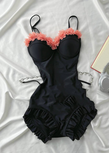 Black Ruffled Tulle Patchwork Hollow Out Bodysuit