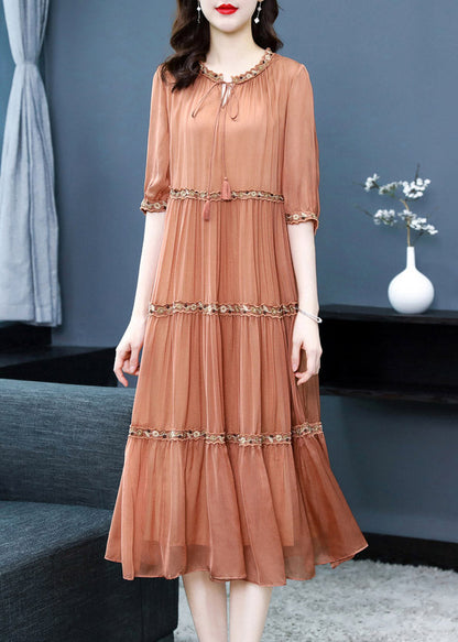 Orange O-neck Embroideried Silk Long Dress Summer