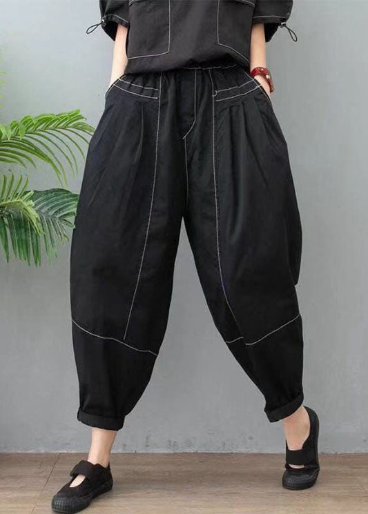 Loose Black High Waist Patchwork Cotton Pants Spring