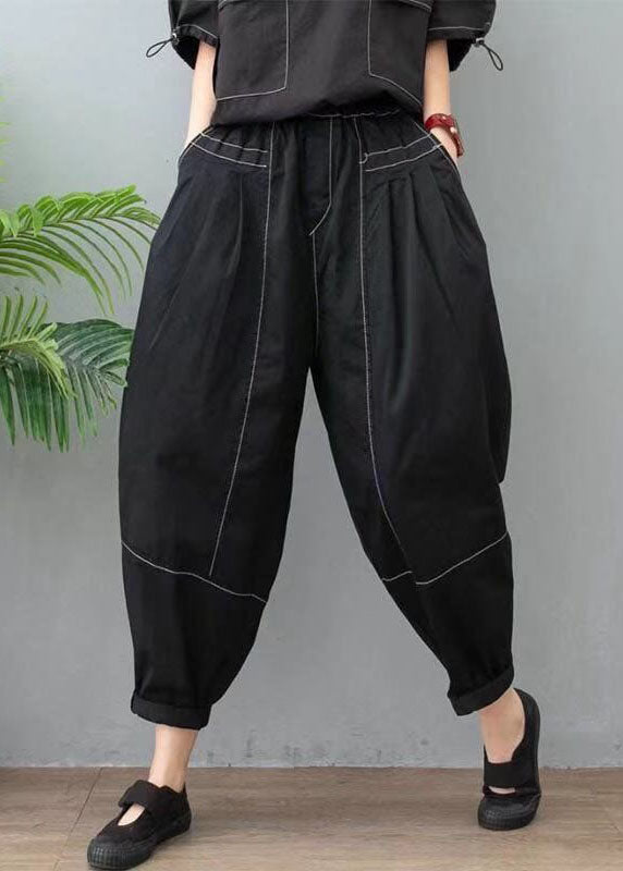 Loose Black High Waist Patchwork Cotton Pants Spring