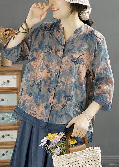 Chinese Style Yellow V Neck Embroideried Linen Shirt Top Summer