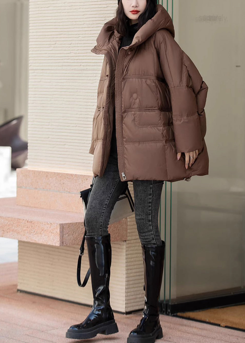 Brown Oversized Duck Down Hooded Coats Winter