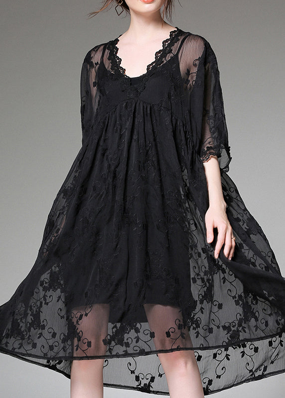 Handmade Black Embroideried Patchwork Tulle Two-piece Set Dress Summer