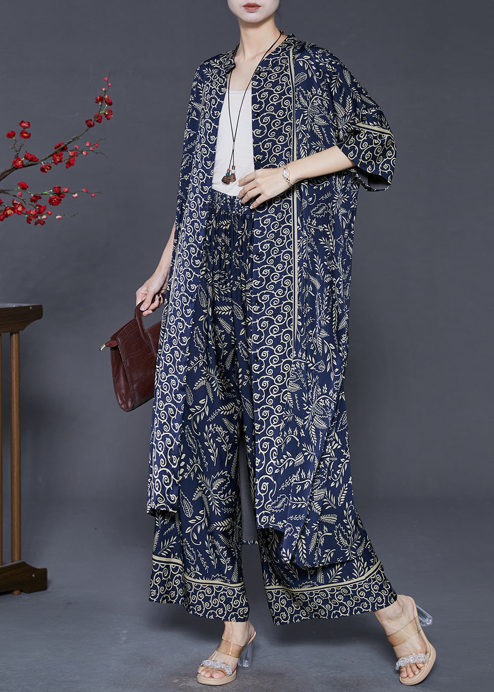 Navy Print Silk Two Piece Set Clothing Oversized Summer