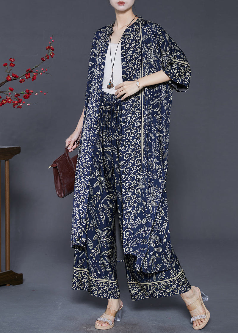Navy Print Silk Two Piece Set Clothing Oversized Summer