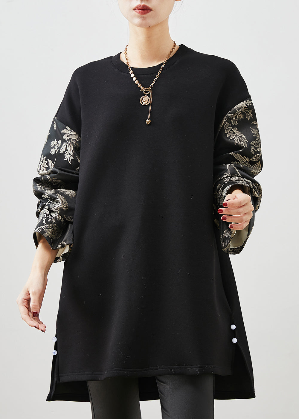 Simple Black Oversized Patchwork Print Cotton Dress Spring