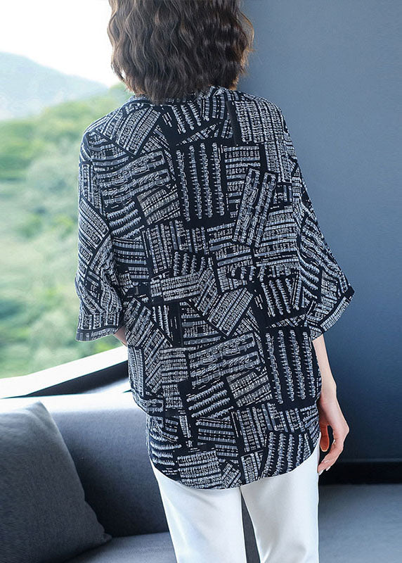 Black V Neck Print Chiffon Shirt Top Bracelet Sleeve