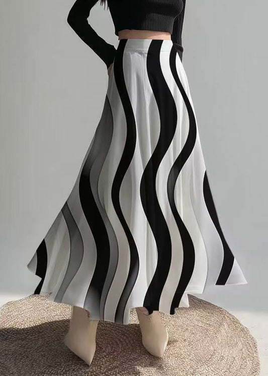 Fine Black Wave Striped Draping Chiffon Skirt Fall