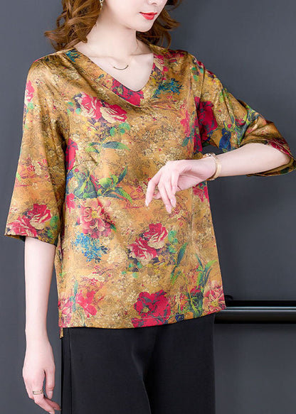 Yellow Side Open V Neck Print Silk Blouse Tops Half Sleeve