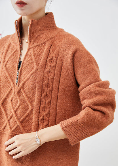 Orange High Neck Zip Up Thick Knit Sweater Tops Winter