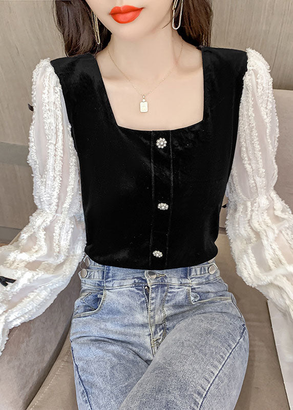 Black White Square Collar Bow Lace Patchwork Tops Spring