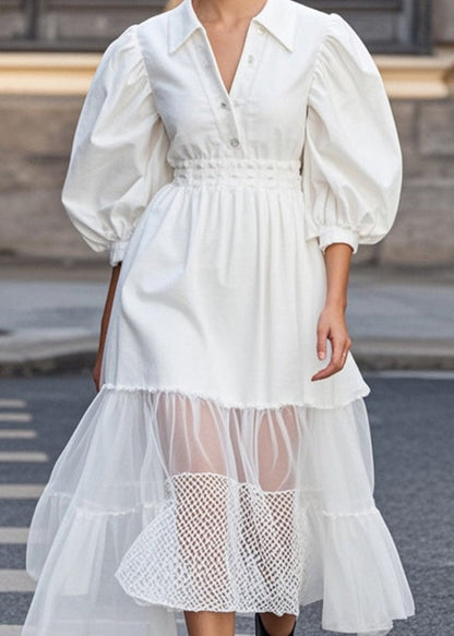 White Puff Sleeve Patchwork Tulle Cotton Party Dress Spring