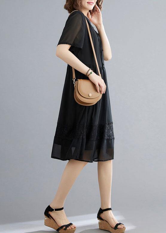 Black Patchwork Lace V Neck Mid Dress Summer Chiffon Dress