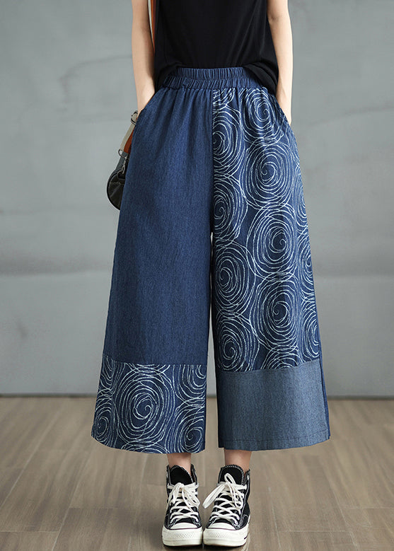 Navy Asymmetrical Print Denim Pants Summer