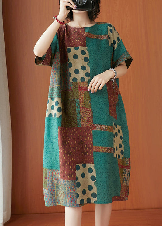 Handmade Colorblock O-neck Print Cotton Dresses Short Sleeve