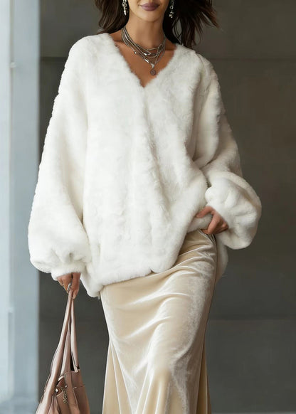 Beige V Neck Fuzzy Fur Fluffy Tops Lantern Sleeve