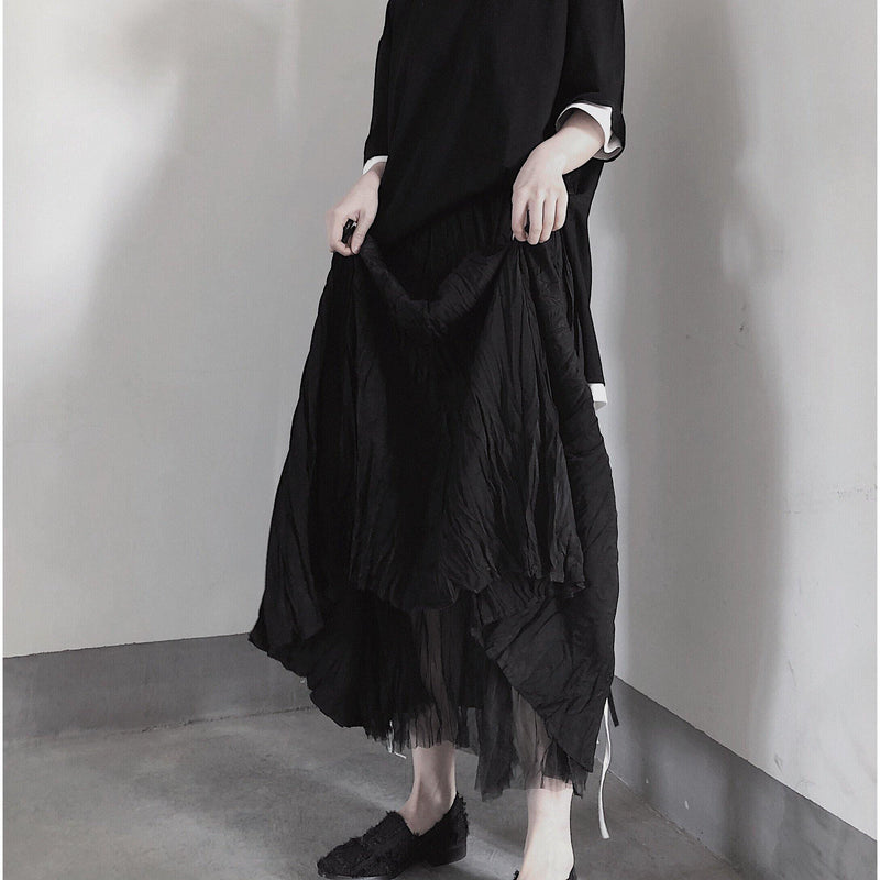 Black Pleated Double Layer Design With Elastic Waist Skirt on Both Sides