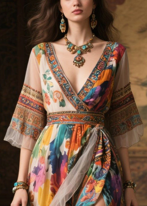 Khaki Print Exra Large Hem Chiffon Long Dresses Summer