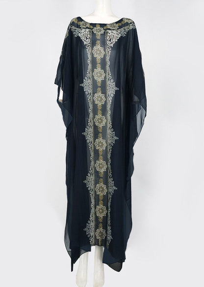 Black O-neck Print Chiffon Maxi Dresses Summer
