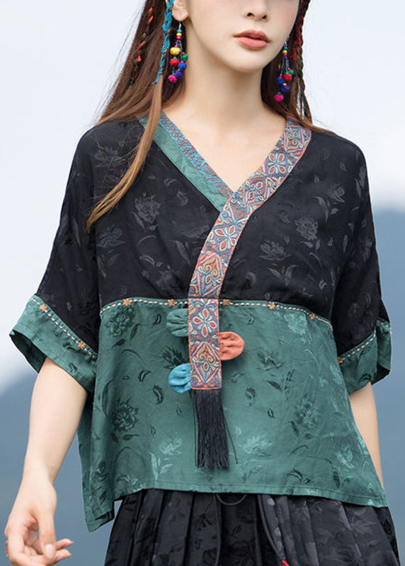 Jacquard Black Stand Collar Embroideried Patchwork Satin Top Half Sleeve