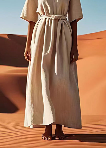 Simple Beige V Neck Tie Waist Linen Dresses Summer