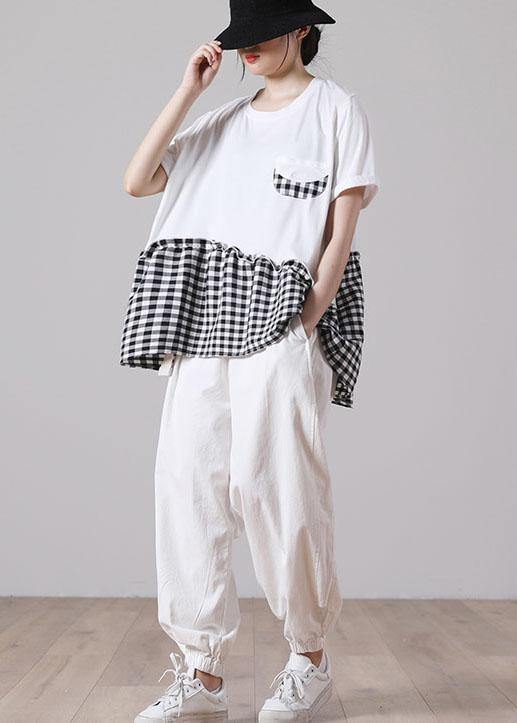 Boutique White Patchwork Plaid Pockets Cotton Shirt Tops Short Sleeve Summer