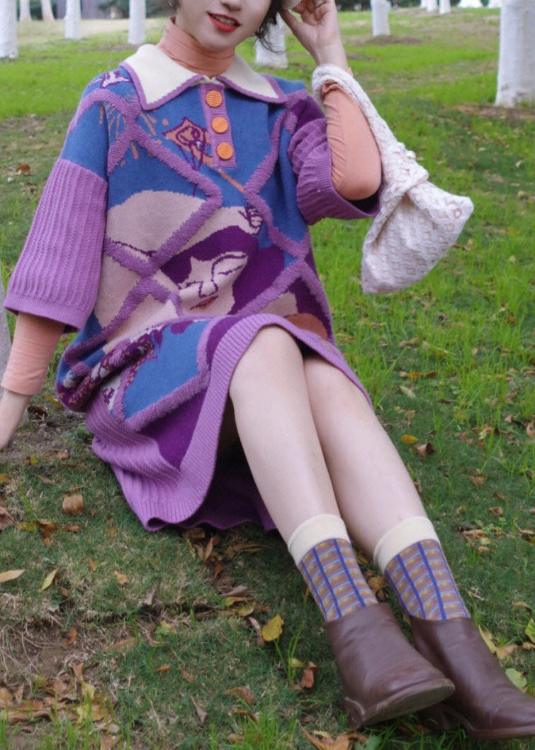 Purple Peter Pan Collar Print Warm Cotton Knit Long Sweaters Dress Fall