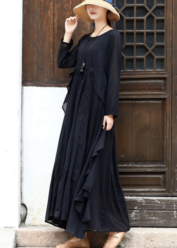 Black Asymmetrical Design Cotton Loose Dress Long Sleeve