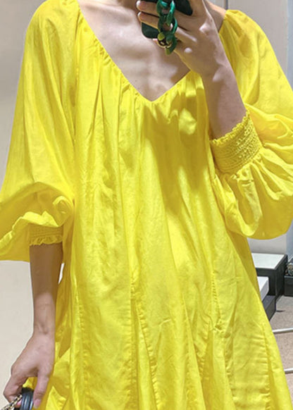 French Yellow V Neck Cotton Mid Dress Fall