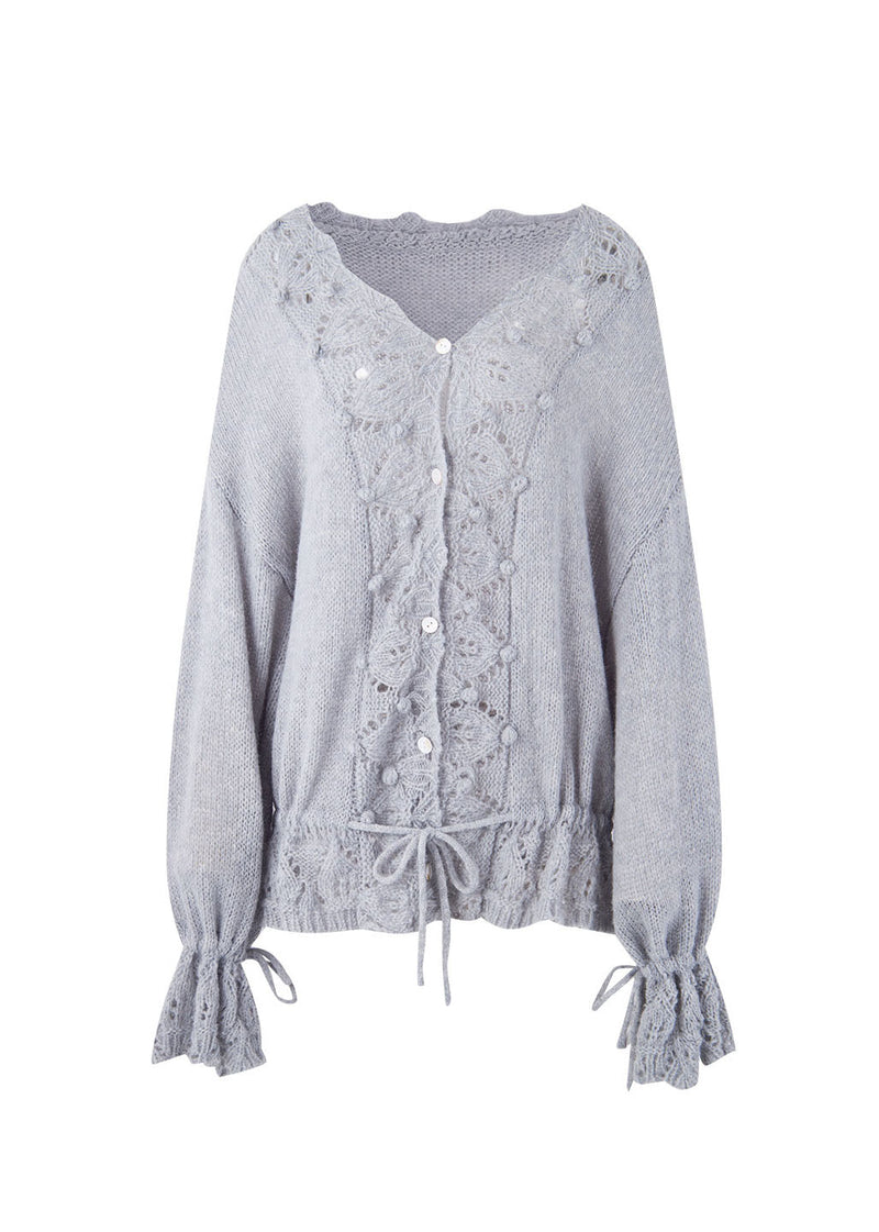 French Grey V Neck Hollow Out Button Knit Sweaters Fall