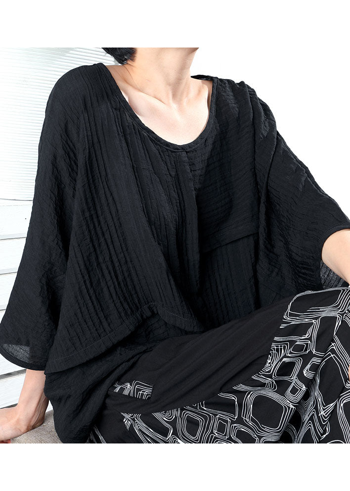 Black O-neck Wrinkled Blouses Half Sleeve