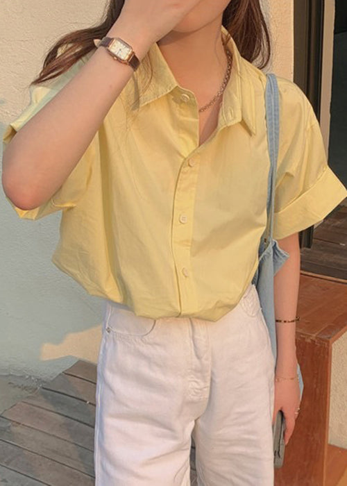 Yellow Button Cotton Summer Shirt Peter Pan Collar