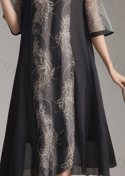 Black O Neck Print Patchwork Silk Dress Summer