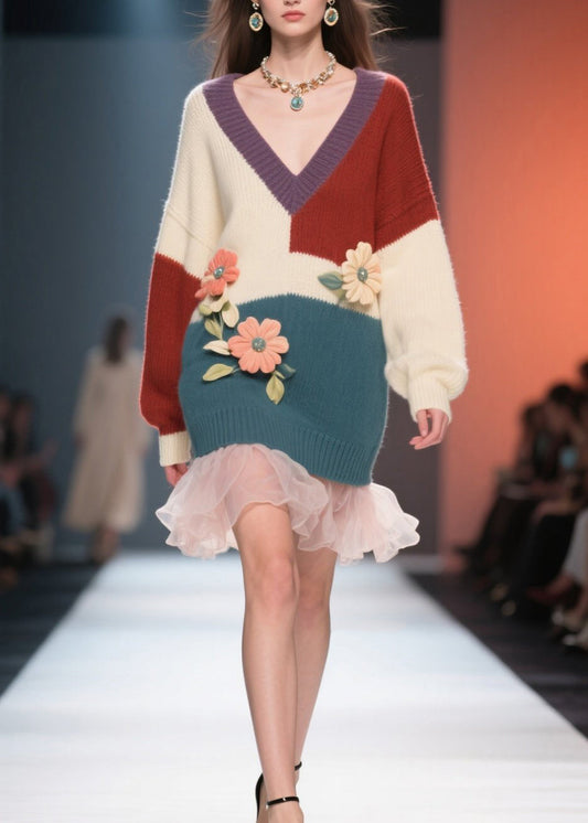 Colorblock V Neck Tulle Knit Sweater Dress Fall