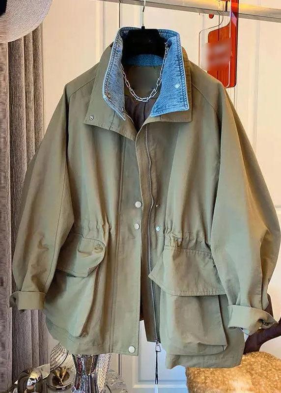 Fitted Khaki Peter Pan Collar Patchwork Button Jackets Long Sleeve Fall