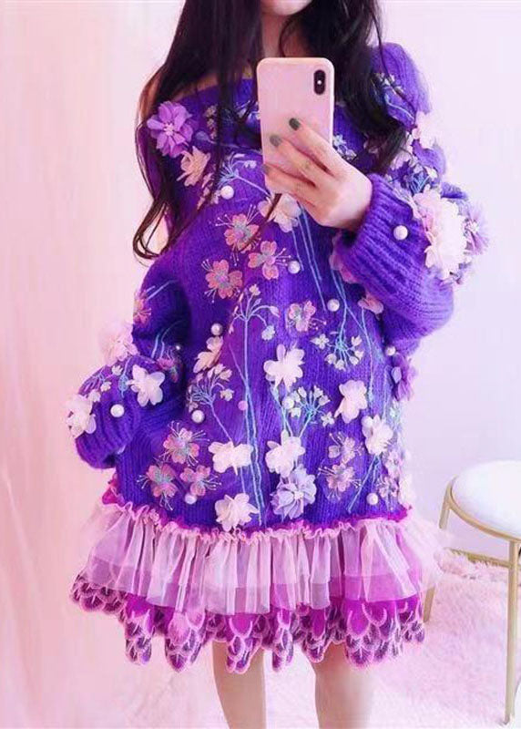 Handmade Purple O-neck Embroideried Tulle Patchwork Knit Mid Dresses Fall