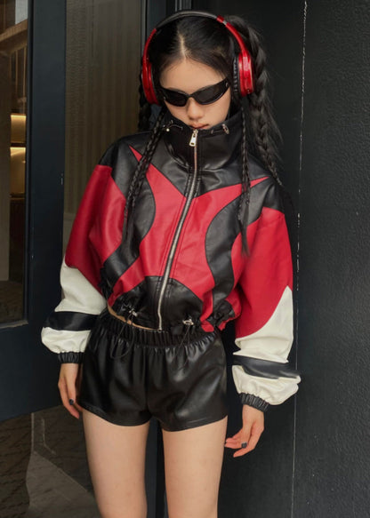 Loose Red Drawstring Patchwork Faux Leather Jacket Fall
