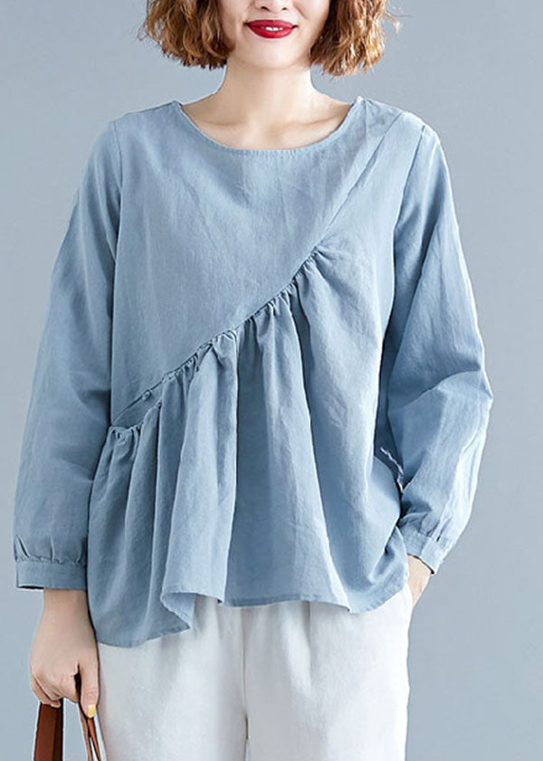 Light Blue O-neck Patchwork Ruffles Cotton Shirts Spring