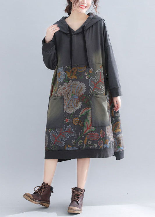 Grey Sweatshirt Dresses Hooded Drawstring Pockets Spring